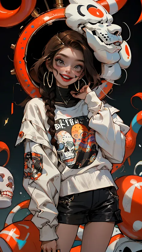 1 girl, crazy clown girl, skull face, halloween theme style, laughing hysterically, sharp big smiling teeth, bomb, Detailed, (best quality), (intricate details), cute style, , Clown style, colorful, Circus background with red curtains, Set fire to hell, ((...