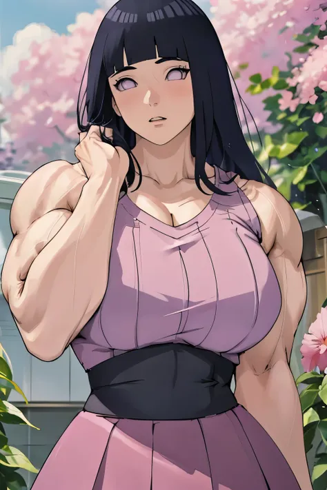 masterpiece, absurdres, hinata(boruto), 1girl, solo,Teenage female, tshirt v neck,( long hair:1.2) , high waist mini skirt, looking at viewer, (falling petals), perfect composition, detailed lips, big breast, beautiful face, body propotion, blush, (pink li...