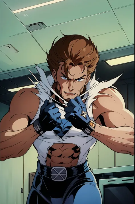 there is a man with a knife and a shirt on, wolverine ate,  ((X-men TaS Style)), retro artstyle,90s comic book style,Marvel Comics，X-men the Animated Series