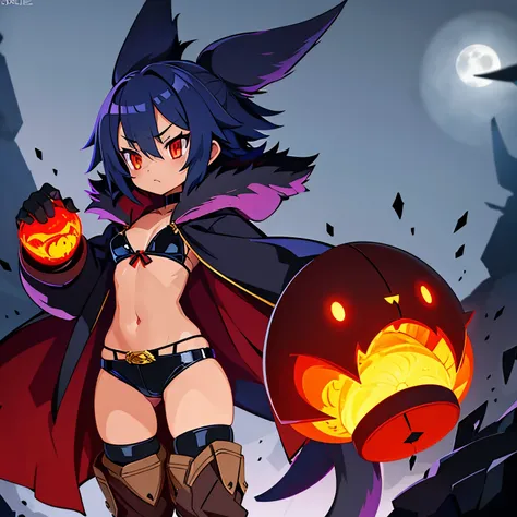 Dwarf Pygmy Slender Moody Glowing eyes Glaring Glaring Cat eyes Triangular mouth Red cheeks Blue hair Short, messy hair Amber eyes Dark skin Swimwear Choker Leather gloves Short boots Large belt White fur hooded robe Loincloth Fur Wolf's tail Ribs Bell...