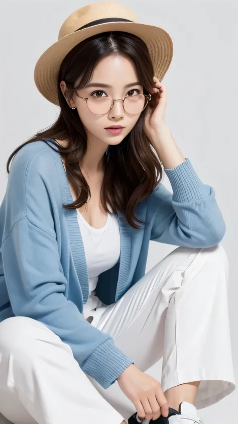 (highest quality, High resolution, masterpiece :1.3), beautiful adult woman, Horizontal eyes, ((pure white background)), (wear a white shirt, wearing a light blue cardigan, wearing white wide pants, wear sneakers, Wear a hat, round glasses), (loose wavy gr...