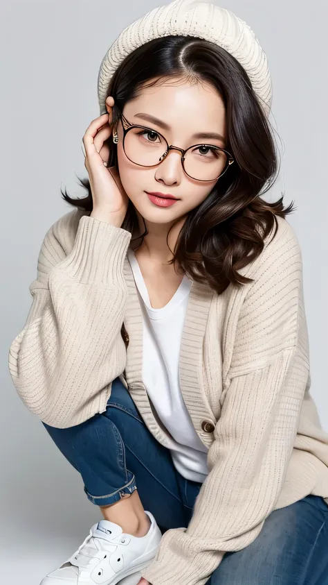 (highest quality, High resolution, masterpiece :1.3), beautiful adult woman, Horizontal eyes, ((pure white background)), (Please wear a white shirt, wearing a light blue cardigan, wearing white wide pants, wear sneakers, Wear a hat, round glasses), (loose ...