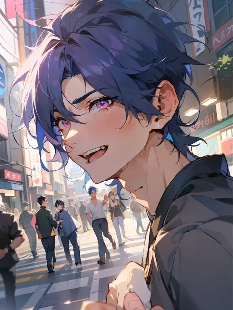 Ultra Detail,Haig Quality,sketch,1boy,matured male,Beautiful face,(Navy blue hair,Outer hair:1.3),Handsome men,Pearl skin,black tshirt,Moss Green Mod Court,Dynamic Angle,Japan Anime,Pink eyes,Laugh,Like a cats eye,city,male in his 20s,