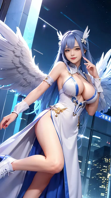 wide wide shot，(highest quality,masterpiece:1.2),(cyborg people), colored hair，(She has a pair of huge feathered wings behind her shoulders),Money,perfect proportions,(彼女のMoney属製の機械的な手足),(footwear),slim,光沢のあるMoney属、Bright colors,The lighting is dramatic., ...