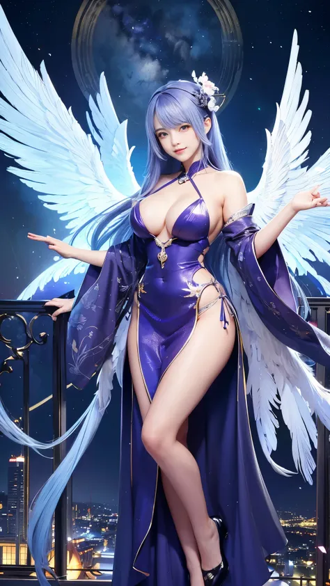 wide wide shot，(highest quality,masterpiece:1.2),(cyborg people), colored hair，(She has a pair of huge feathered wings behind her shoulders),Money,perfect proportions,(彼女のMoney属製の機械的な手足),(footwear),slim,光沢のあるMoney属、Bright colors,The lighting is dramatic., ...