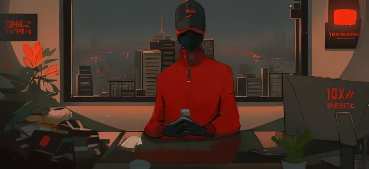 A mysterious figure sits at a desk, his red sweater hugging his form as he works on his laptop. His face is hidden behind a black mouth covering, adding to his enigmatic presence. The cityscape outside the window only adds to the intrigue.