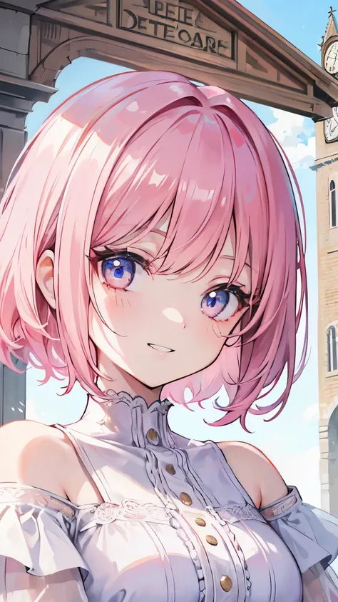 extreme close up face, Short off-shoulder hair in pink and white,Dignified and wonderful Girl, near a clock tower, grin