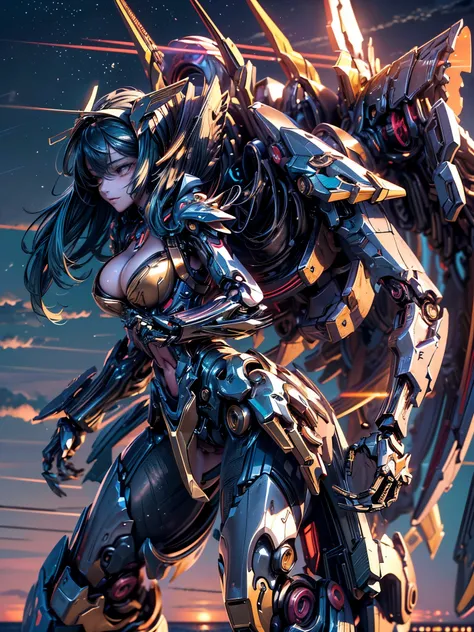 best image quality，excellent details，ultra high resolution，（fidelity：1.4），best illustrations，focus on details，daughter，Mecha wing，((The early morning sky is wide、The sea is around:1.5))，beauty of android、black medium bob、24-years-old、Neat and detailed faci...