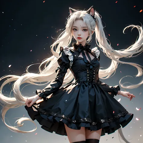 double ponytail，double ponytail，Black Lolita dress，Cat ear，little loli，white hair，standing posture，animation，full-body shot，Be shorter