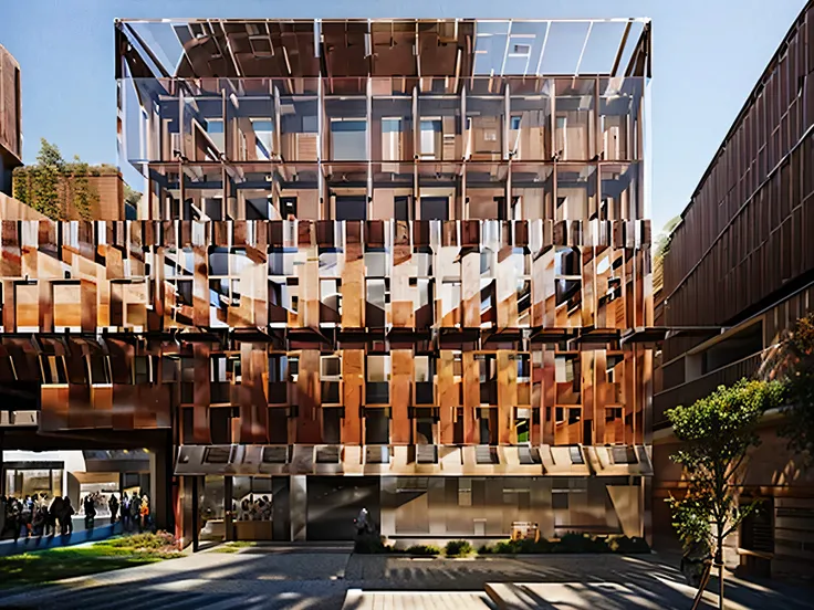 folk museum built by big architects in the ancient town，use red rust board、materials such as acrylic and brick，pitched roof buil...