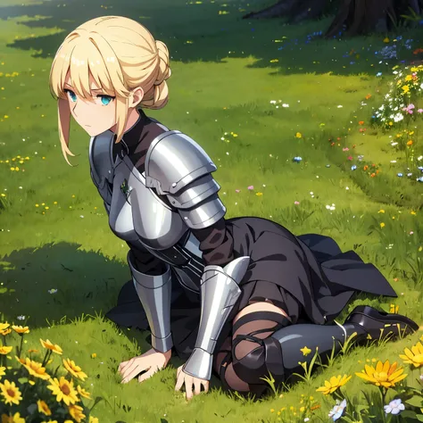 German,cool,a woman,medium Blonde,Chignon hair,hair intakes,emerald eyes.tsurime,1600s,Portrait of a woman covered in full body armor in a meadow