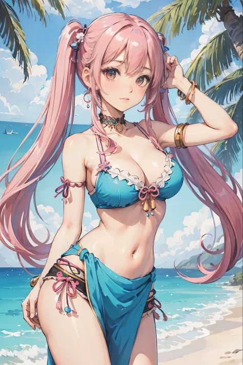 ((highest quality)), ((masterpiece)), (become familiar with), perfect face, girl, pink and blue hair, long hair, tropical beach theme, put your hands on your hips, twin tail hair, belly dancer costume, shrine theme, night theme, big breasts