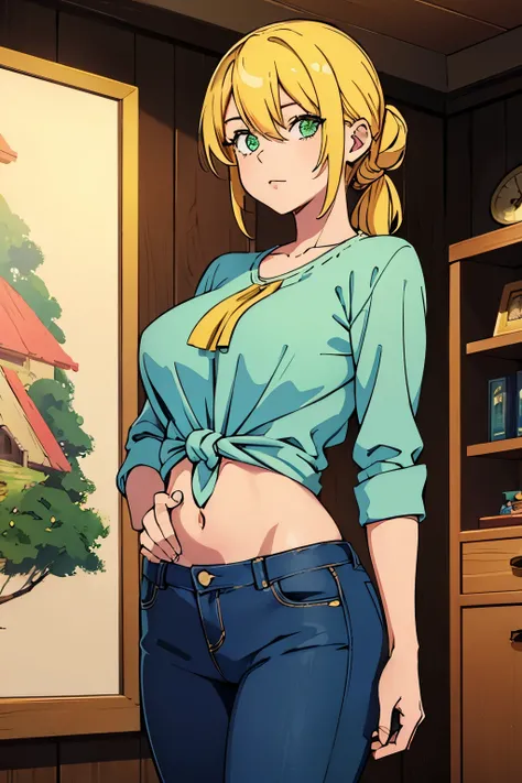 (Best quality:1.1), (Masterpiece:1.4), (Illustration fantastique:1.2), 1fille, cute girl, Yellow hair tied in a large strand covering her right eye, a green eye, a blue shirt revealing her belly, jeans