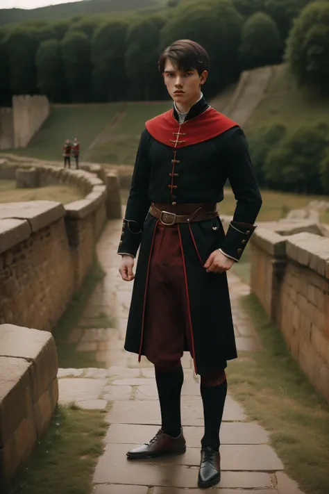 England, 1327. A young ((((20-year-old)) Ralph Fitzgerald)), intense eyes, ambitious, tall, athletic, in a quarry, ((ashamed expression)). ((((clothings from the 1300s, red and black squire uniform)))), ((dark hairstyle of the 1300s))