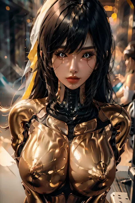 High resolution、８ｋ、android beautiful girl、high nose、narrow eyes、pure white skin、Machine body、slender body、red background、close-up image、golden shining body