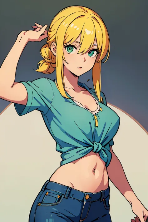 (Best quality:1.1), (Masterpiece:1.4), (Illustration fantastique:1.2), 1fille, cute girl, Yellow hair tied in a large strand covering her right eye, a green eye, a blue shirt revealing her belly, jeans