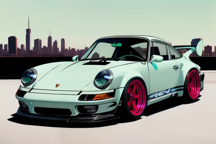 porsche 911 rwb, wide bodykit,  big wheels, nvinkpunk, mint ice cream colored car,  painting of a city with a  mint colored  por...