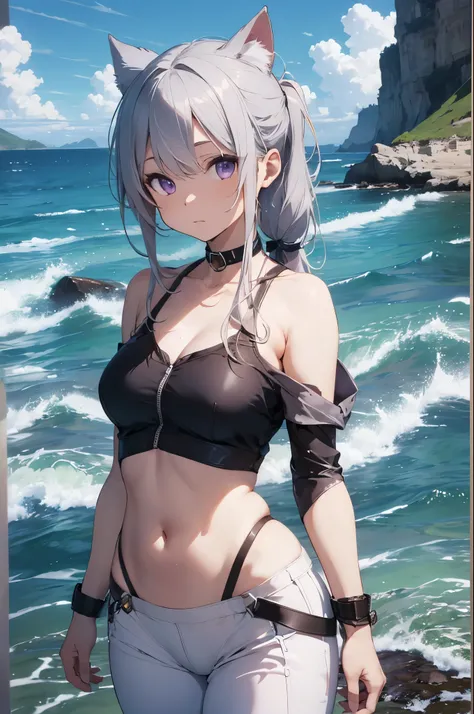 video angle, written boundary depth, (looking at the viewer), (right foreground: 1), (standing photo: 1),
cat ears girl, (alone),silver hair,(white skin:1), (Curvaceous:1.2), (wide hips:1.1), 
(Beautiful coast background), (coast background: 1.4), (coast b...