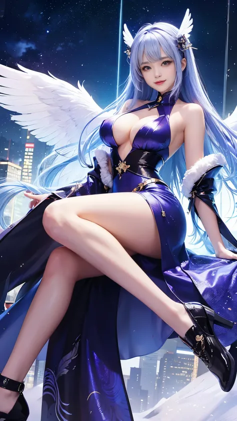 wide wide shot，(highest quality,masterpiece:1.2),(cyborg people), colored hair，(She has a pair of huge feathered wings behind her shoulders),Money,perfect proportions,(彼女のMoney属製の機械的な手足),(footwear),slim,光沢のあるMoney属、Bright colors,The lighting is dramatic., ...