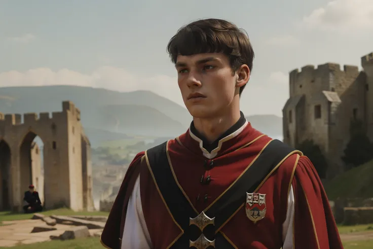 England, 1327. A young ((((20-year-old)) Ralph Fitzgerald)), intense eyes, ambitious, tall, athletic, in a stone quarry, ((ashamed expression)). ((((clothings from the 1300s, red and black squire uniform)))), ((dark hairstyle of the 1300s))