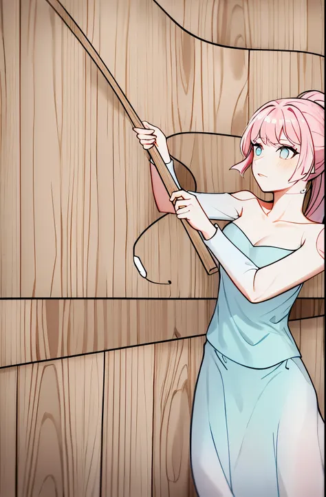 1 girl，ponytail，solo，bangs，white clothes，pink hair，（blue skirt），cowboy shots，wood fence，