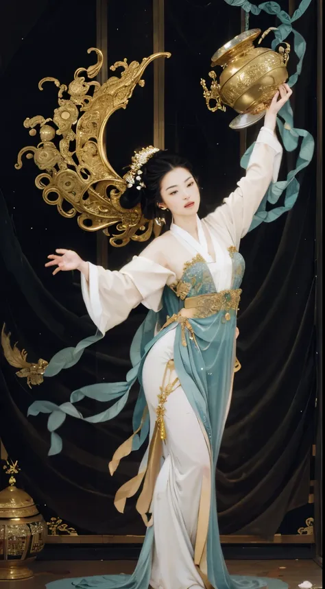 a breathtakingly beautiful dancer from ancient china gracefully moves across the stage, capturing the audience's attention with ...