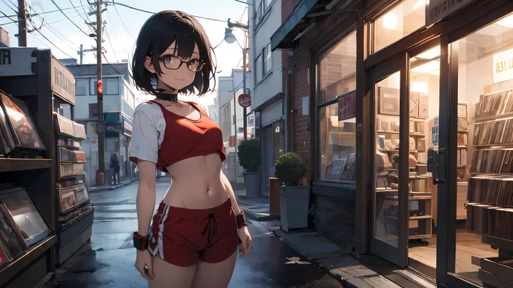 18 year old girl, short black hair, big sad eyes, sweet smile, small breasts, glasses, choker collar, wrist cuffs, red gym top, red gym shorts, standing, open door, open window, record store, records, vinyl, evening, nighttime, dramatic lighting, cinematic...