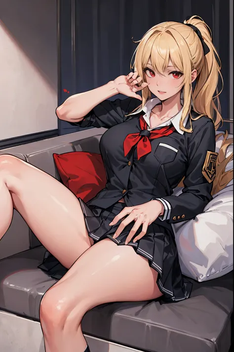 (masterpiece:1.2, highest quality), 1 female, alone, school uniform,blonde, ponytail, red eyes, (black skin),open chest,Big breasts,beautiful hands,beautiful fingers