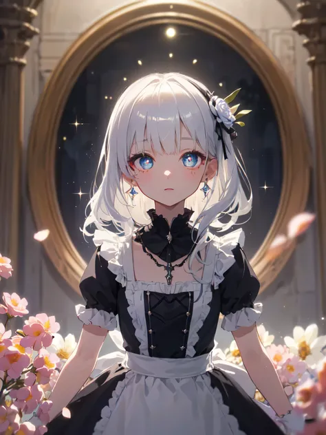 masterpiece, highest quality, enlightenment, one girl、indoor、platinum earrings, platinum necklace, Maid clothes, gothic lolita clothes、arms behind、1 girl, cute, (dynamic lighting:1.15), cinematic lighting, delicate features, detailed eye, sharp pupils, Dep...