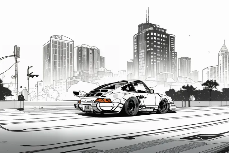 nvinkpunk, painting of a city with a porsche 911 rwb rotting,wide bodykit, high quality,