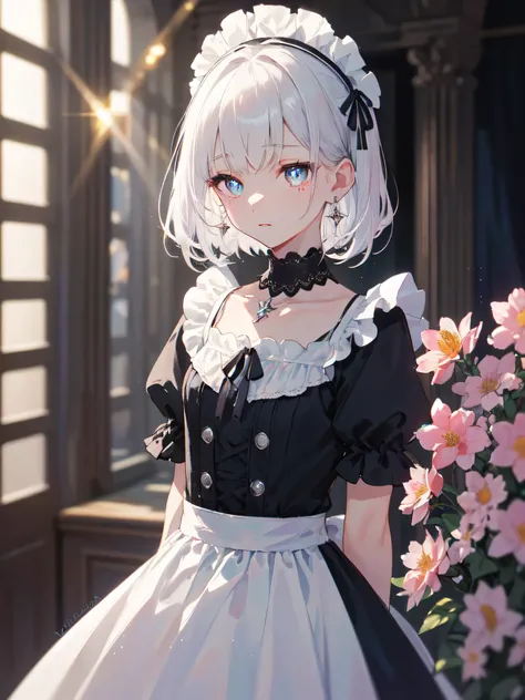 masterpiece, highest quality, enlightenment, one girl、indoor、platinum earrings, platinum necklace, Maid clothes, gothic lolita clothes、arms behind、1 girl, cute, (dynamic lighting:1.15), cinematic lighting, delicate features, detailed eye, sharp pupils, Dep...