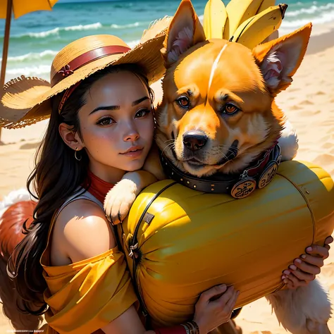 humanoid ((( dog ))) , ( rey ) , (( dog fur )) , ( Sun Wu Kong)  Llevando una corona de oro,  gafas de sol y (  Traje rojo monje ) ,  (  parrillaing bananas) , ( banana barbicue) , ( parrilla ) ,  ( fiesta, monjes) , playa , Palmas -- AR 1:1  