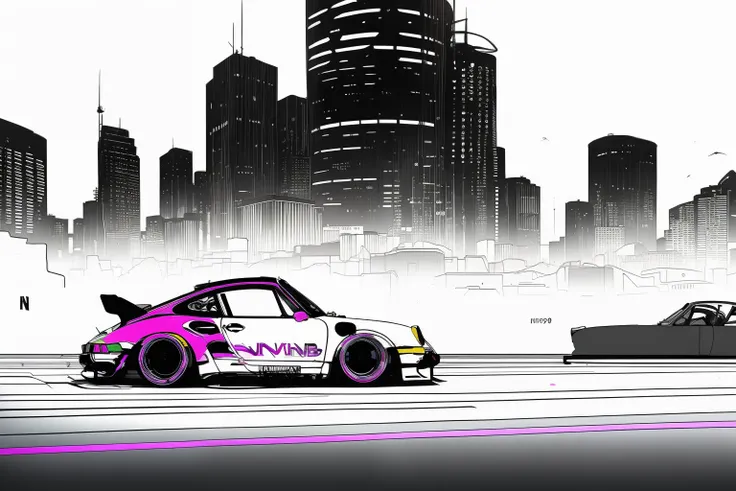 nvinkpunk, painting of a city with a Porsche 911 rwb rotting,wide bodykit, high quality,