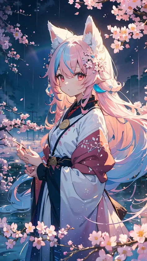 Fox ears, Fox tails, ( masterpiece、top-quality、top-quality、watercolor paiting(Curly)、Official art、Beautifully Aesthetic:1.2)、(1girl in:1.3)、(Fractal Art:1.3)、patterns、(rainbow-colored hair、colourful hair、Half blue and half light pink hair:1.2)、Eau、liquids、...