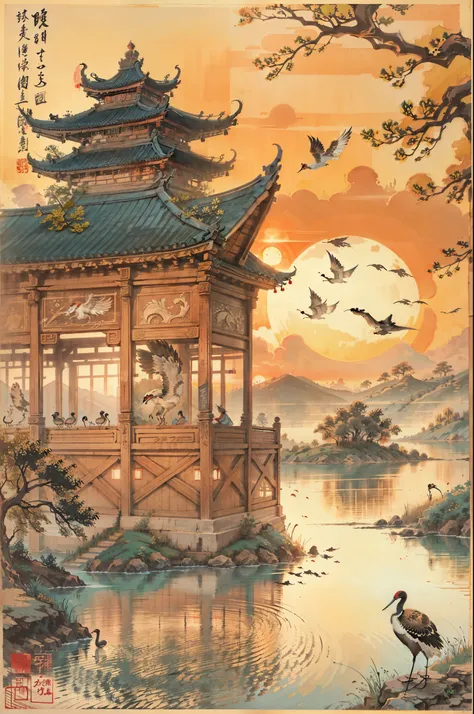 China，ink，The sunset flies with the  crane，lake water，The beauty of ancient poetry，sunset，Wild geese in the distant sky，Ancient buildings are well-proportioned，Exquisite work