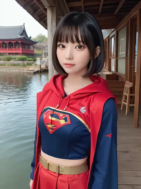 one girl, (beautiful girl, delicate girl:1.3),A very elementary school student stands wearing Supergirl clothes..、masterpiece、Highest品質、Spreading black hair、bob cut with trimmed ends、(flat chest)、lolicon、Highest、red cloak、(whole body)、恥ずかしい
break, extremel...