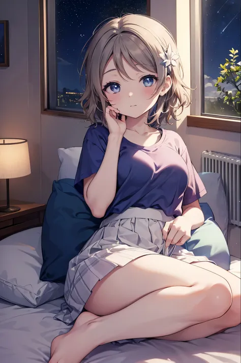 you watanabe,you watanabe.,gray hair ,big breasts,close both eyes,windows，romantic starry sky，a meteor crosses,t-shirt,blue stri...