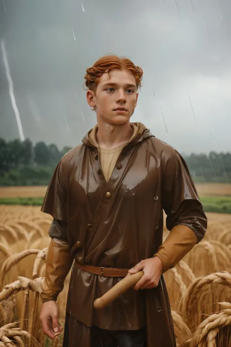 England, 1337. A young ((((16-year-old)) Wulfric)), rustic boy, strong, angular features, serious, kind, harvesting wheat in his farm, ((((pouring rain)))). ((((clothings from the 1300s)))), ((ginger hairstyle of the 1300s))