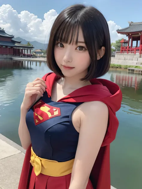 A very elementary school student stands wearing Supergirl clothes..、Spreading black hair、bob cut with trimmed ends、(flat chest)、lolicon、Highest、red cloak、(whole body)、恥ずかしい
break, extremely fine transparency, (symmetrical eyes:1.3),
break, (temple, fishing...