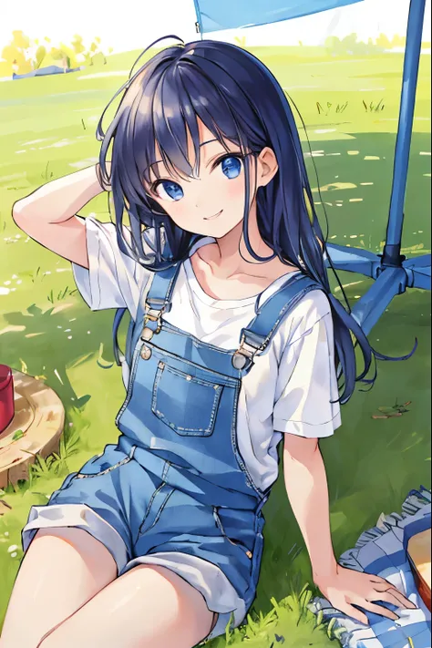 masterpiece、highest quality),Angle from above, 1 girl, alone, summer camp image、whole、denim overalls、white shirt、background tent、20-year-old、piece、smile