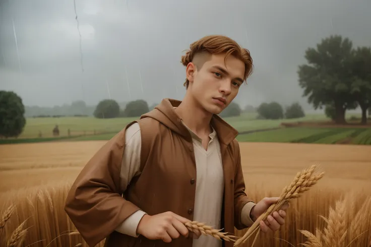 England, 1337. A young ((((16-year-old)) Wulfric)), rustic boy, strong, angular features, serious, kind, harvesting wheat in his farm, ((((pouring rain)))). ((((clothings from the 1300s)))), ((ginger hairstyle of the 1300s))