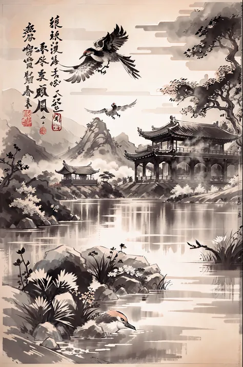 China，Black and white ink style，The sunset flies with the  crane，lake water，The beauty of ancient poetry，sunset，Wild geese in the distant sky，Ancient buildings are well-proportioned，Exquisite work