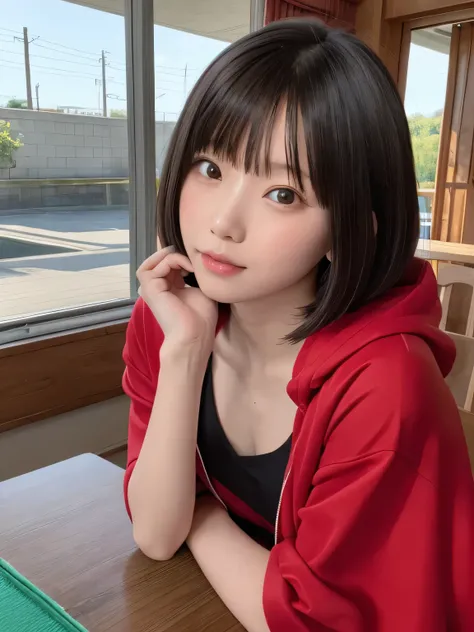 A very elementary school student is sitting wearing Supergirl clothes..、Spreading black hair、bob cut with trimmed ends、(flat chest)、lolicon、Highest、red cloak、(whole body)、embarrassing、10歳
break, extremely fine transparency, (symmetrical eyes:1.3),
break, (...