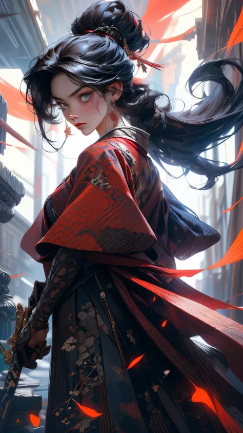 (((Spectacular))), (((gritty))), (((Riveting))) The film advertisement showcases a youthful (JAPANESE SAMURAI) at the forefront. She confidently stands at the center of the image, adorned in cutting-edge attire, sporting a resolute countenance. The backdro...