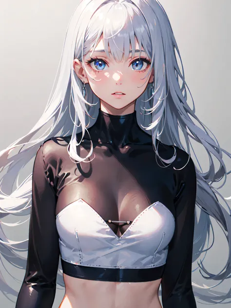 highest quality, ultra high resolution, realistic, software,
1 girl, looking at the viewer, Upper body, thin, small breasts, silver hair, white crop top,
gray background,