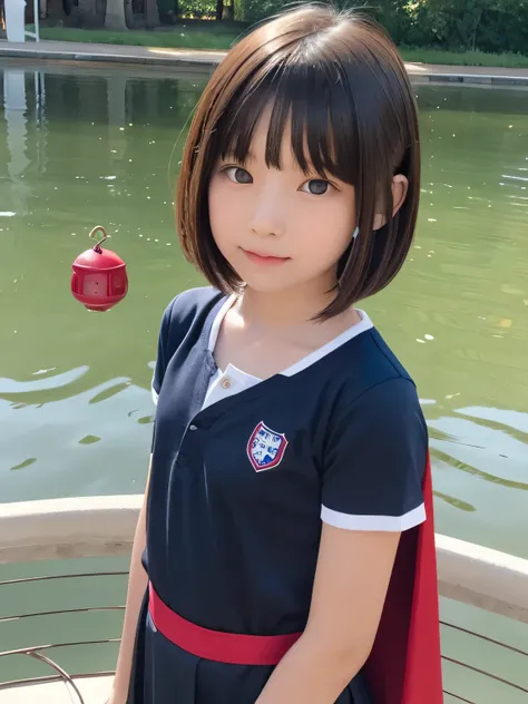 Elementary school student squats in a pond wearing Supergirl clothes.、Be patient with peeing、Spreading black hair、bob cut with trimmed ends、(flat chest)、lolicon、Highest、short sleeve、red cloak、(whole body)、embarrassing、10 years old、
break, extremely fine tr...