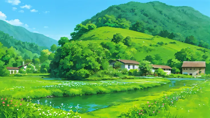 (((best quality))),There is a small house in a quiet rural landscape.. Near the house there are lush green hills and a small garden full of flowers.... The sky is clear and blue, The sun is emitting warm light. The sight of a small river flowing and the so...