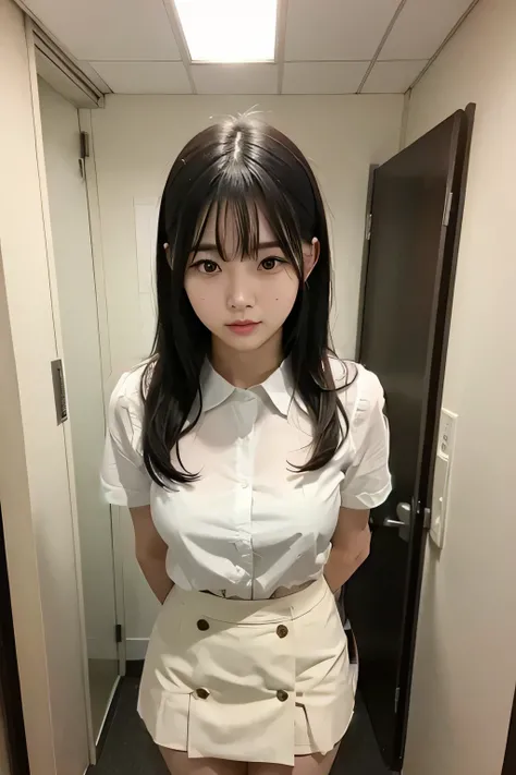 white blouse、red mini skirt