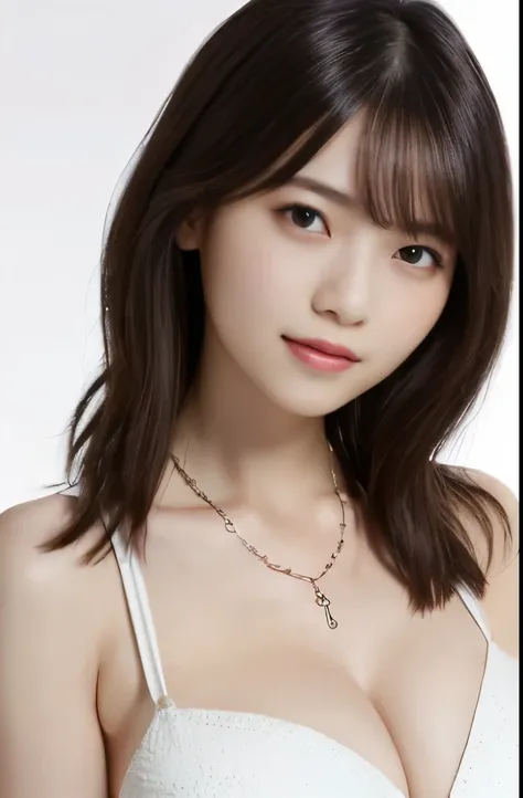 (highest quality、High resolution、masterpiece:1.3)、tall and cute woman、big and full breasts、loose wavy dark brown hair、brain out、necklace、white bikini、(background coast)、Precisely expresses details such as face and skin texture、detailed eye、double eyelid、li...