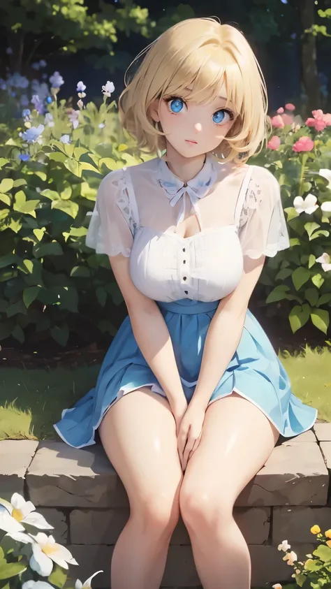 (masterpiece:1.2), (highest quality:1.2),, Curvy but slender body, perfect eyes, perfect face, perfect lighting, 1 girl, in the garden, （blouse），（I can see your feet），（whole bodyショット），（ruffle skirt），（bowl cut），curly hair, fine clothes, detailed outdoor bac...